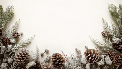 Festive foliage, pine cones and frosted red berries on evergreen christmas tree spruce fir branches, winter holiday decor frame on white background, natural nature seasonal Christmas holiday backdrop