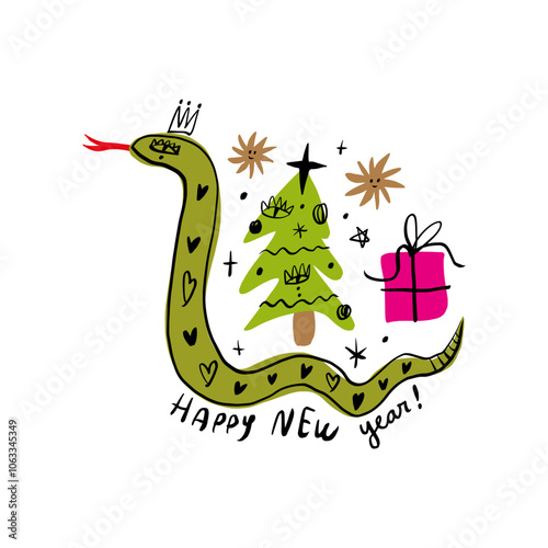 Chinese new year 2025 holiday postcard, year of the Snake. Snake illustration cartoon boho childish drawing. Vector designs with snakes. Lunar new year kids concept, lettering modern vector design