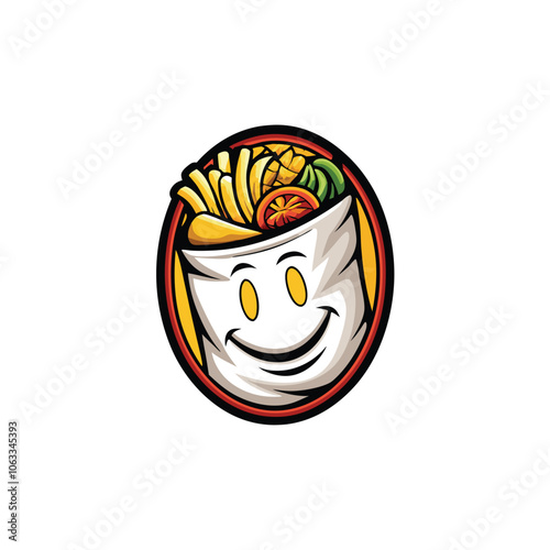 Design a logo for a food bag featuring a friendly, smiling face. The logo should convey a sense of happiness and deliciousness.