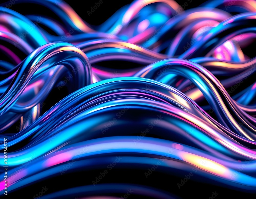Futuristic 3D Render of Interlocking Chrome Metal Curves with Holographic Gradients - Elegant Wave Pattern Design on Black Background Futuristic 3D Render of Interlocking Chrome Metal Curves with Holographic Gradients - Elegant Wave Pattern Design on Black Background