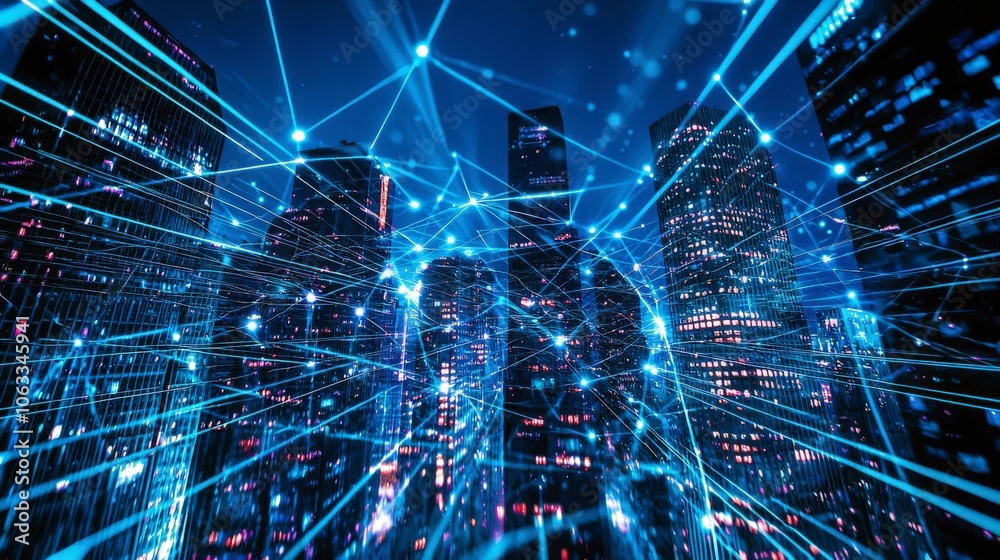 A captivating digital representation of a city at night, with glowing blue lines forming a network over high-rise buildings, symbolizing a connected, tech-driven future. A captivating digital representation of a city at night, with glowing blue lines forming a network over high-rise buildings, symbolizing a connected, tech-driven future.