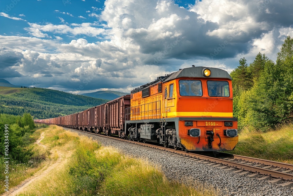 A Freight Train Travels Through Scenic Countryside Under a Dramatic Sky, Capturing the Beauty of Industrial Transport in Nature A Freight Train Travels Through Scenic Countryside Under a Dramatic Sky, Capturing the Beauty of Industrial Transport in Nature