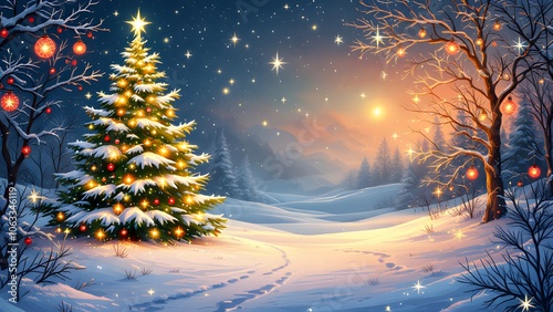 Christmas scene in snowy forest under starry sky background 