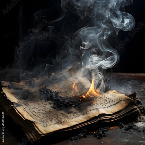 A burning flame of fire on the pages of an ancient book photo