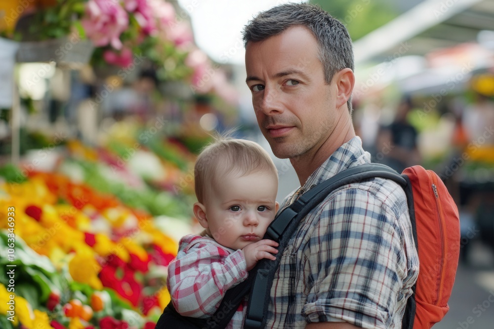 Fototapeta premium Father wearing plaid shirt carrying his baby in a backpack at a farmers market