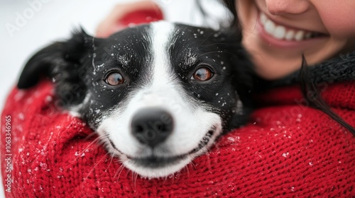 A person in a red sweater joyfully holds a rescued black and white dog, both smiling, amidst a snowy backdrop photo