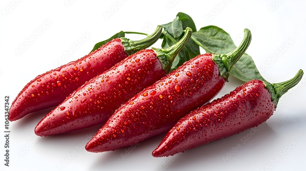 Close Up View of Freshly Harvested Red Bell Peppers or Chili Peppers with Green Leaves Attached,Showing Their Vibrant Color and Healthy Appearance in a Greenhouse or Garden Setting Close Up View of Freshly Harvested Red Bell Peppers or Chili Peppers with Green Leaves Attached,Showing Their Vibrant Color and Healthy Appearance in a Greenhouse or Garden Setting