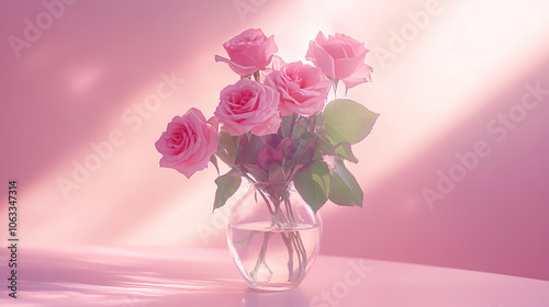 beautiful bouquet of pink roses in clear vase, set against soft pink background, creating serene and romantic atmosphere