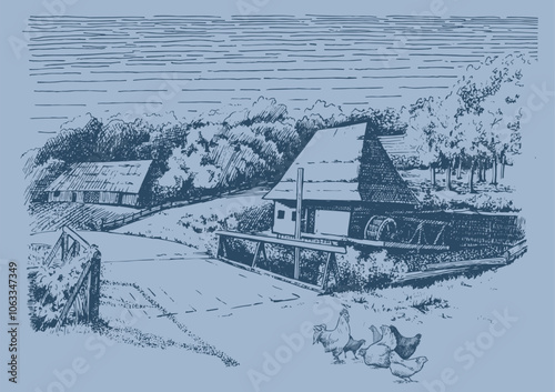Rural landscape with mill.  Vector hand drawn vintage engraved sketch.
