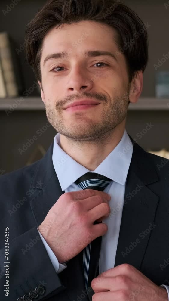 Portrait of a cheerful and laughing Caucasian male young adult employee in the office. Friendly lawyer or attorney. Vertical video. Portrait of a cheerful and laughing Caucasian male young adult employee in the office. Friendly lawyer or attorney. Vertical video.