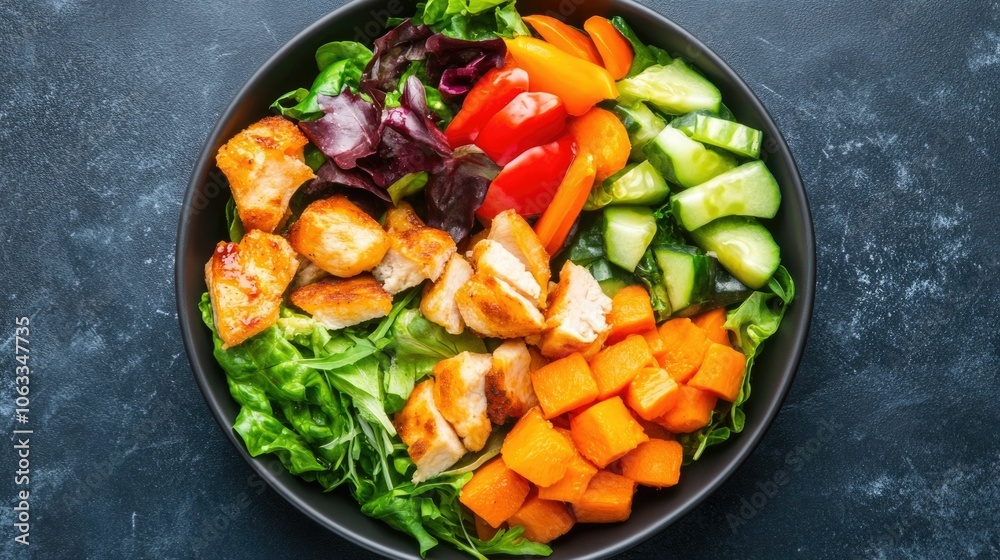 Closeup of a colorful salad filled with beta carotene rich vegetables like sweet potatoes carrots and bell peppers captured in a shallow depth of field for a soft appetizing look Closeup of a colorful salad filled with beta carotene rich vegetables like sweet potatoes carrots and bell peppers captured in a shallow depth of field for a soft appetizing look