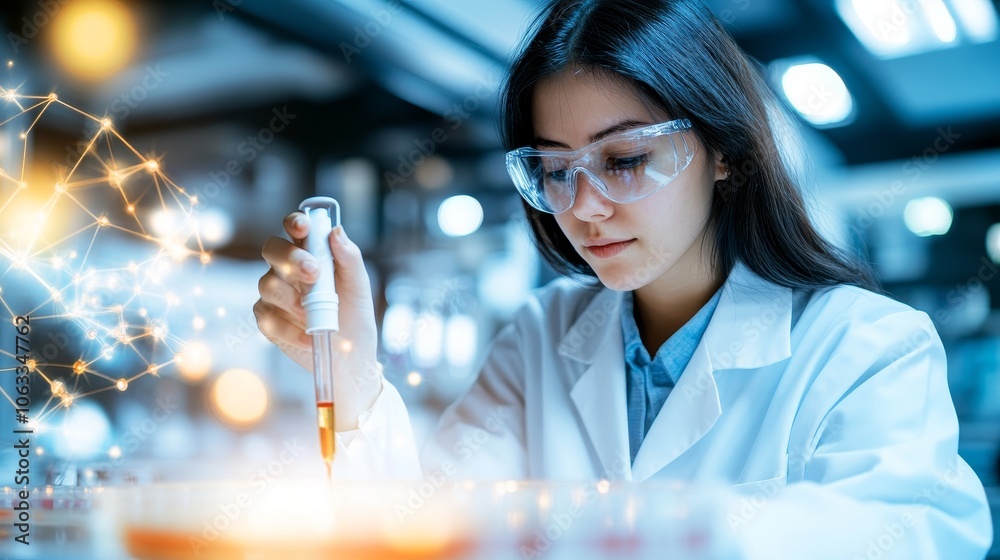 Researcher Conducting Precise Experiment in Laboratory with DNA Strand Overlay Background Researcher Conducting Precise Experiment in Laboratory with DNA Strand Overlay Background