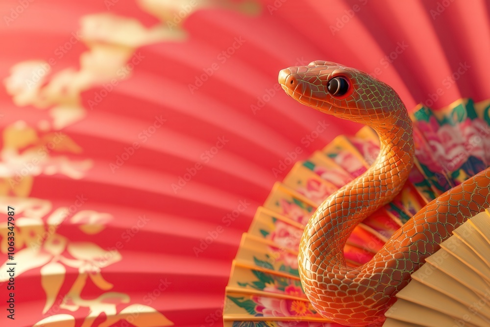 Fototapeta premium Golden snake resting on a hand fan, celebrating the chinese new year with vibrant colors and cultural symbolism