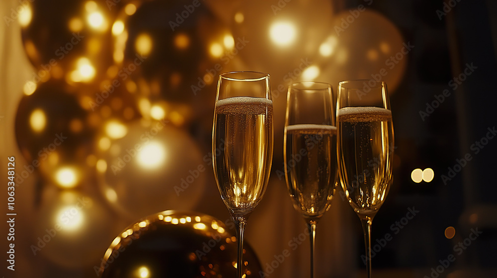 Champagne glasses filled with sparkling drink, celebrating festive occasion with golden balloons in background Champagne glasses filled with sparkling drink, celebrating festive occasion with golden balloons in background
