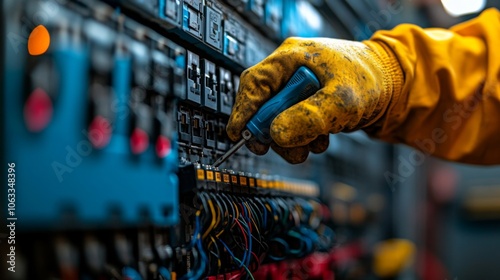 An electrician is focused on adjusting wiring in a circuit panel, using a screwdriver. The workspace is dimly lit, highlighting the complexity of the setup. photo