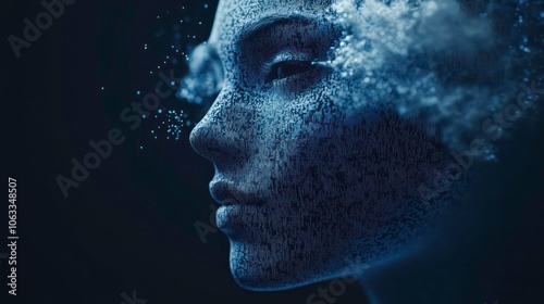 A stylized human profile emerging from a mist of particles, evoking a sense of depth.