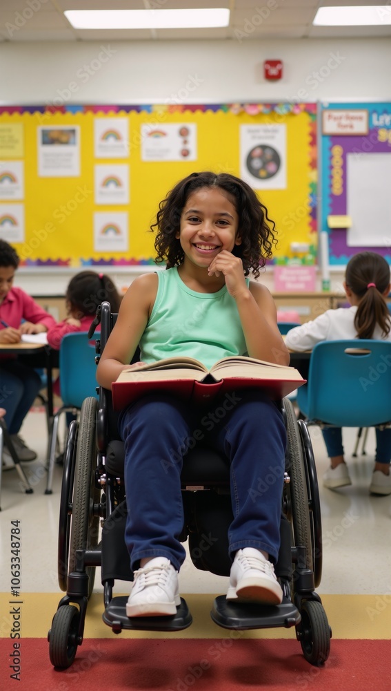 An inclusive classroom setting shows an African American child in a wheelchair proudly reading a library book as part of diverse and rainbow-themed learning environment promoting education for all An inclusive classroom setting shows an African American child in a wheelchair proudly reading a library book as part of diverse and rainbow-themed learning environment promoting education for all