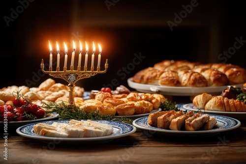 Holiday-themed Hanukkah table setting decorations concept. A beautifully arranged festive table featuring a menorah surrounded by a variety of delicious pastries and sweets