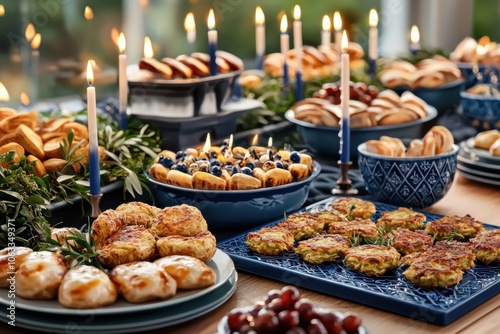 Holiday-themed Hanukkah table setting decorations concept. A beautifully arranged festive table featuring a variety of delicious pastries breads and garnishes illuminated by candles