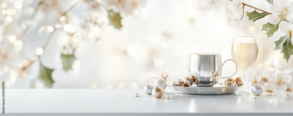 A serene arrangement featuring a silver cup delicate flowers and a glass set against a soft light background A serene arrangement featuring a silver cup delicate flowers and a glass set against a soft light background