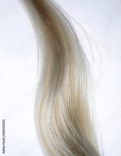 Single strand of human hair with texture under microscopic view, on white background photo