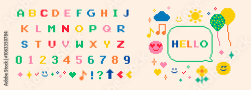 Old school retro nostalgic typeface. Y2k pixel game font. Modern shape for collage, poster, stickers. 8 bit alphabet symbols, letters, numbers, smile face. 90's aesthetics. Vector color elements