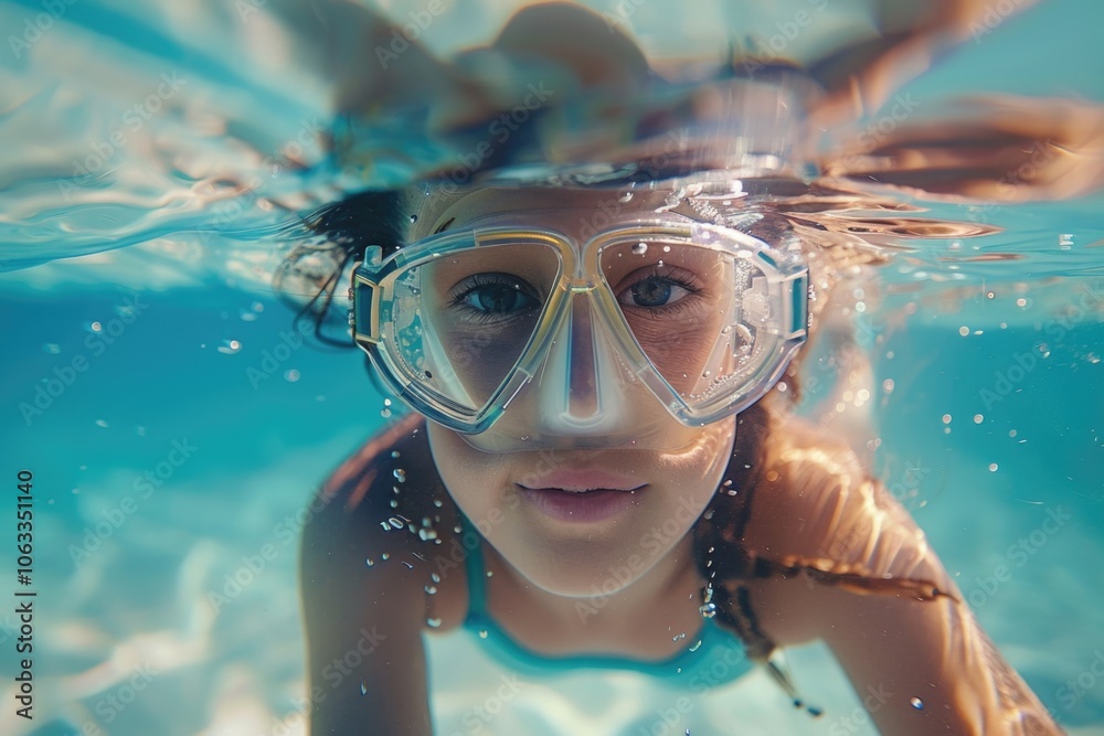 Fototapeta premium A young girl swimming in a pool while wearing goggles, great for illustrations of kids' activities or water sports