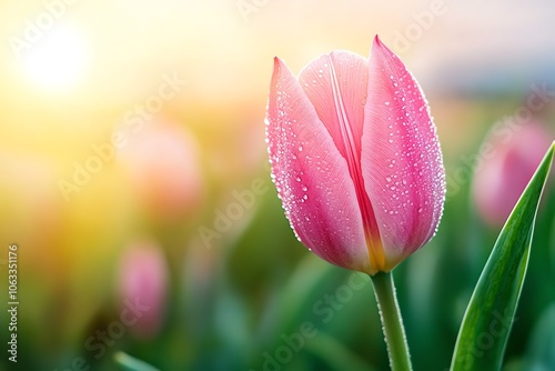 A beautiful pink tulip with dew drops glistening under the warm sunlight, symbolizing spring and renewal in a vibrant garden. photo