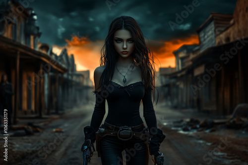 A cowgirl girl with a revolver in her hands on the streets of an old wild west town background..
