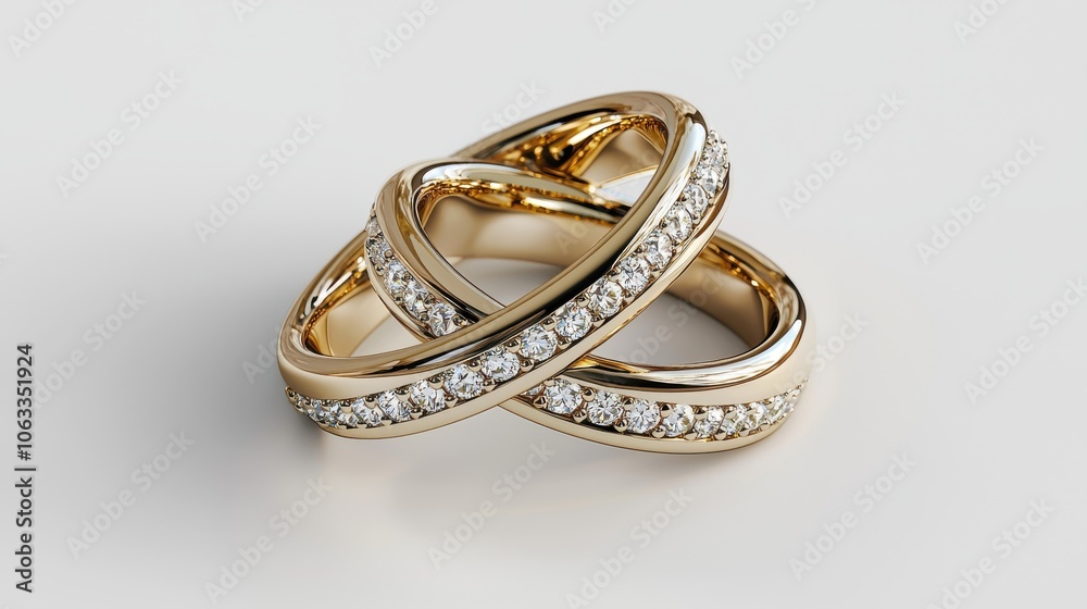 Elegant intertwined rings adorned with sparkling diamonds. Perfect for symbolizing love and commitment in special moments. Elegant intertwined rings adorned with sparkling diamonds. Perfect for symbolizing love and commitment in special moments.