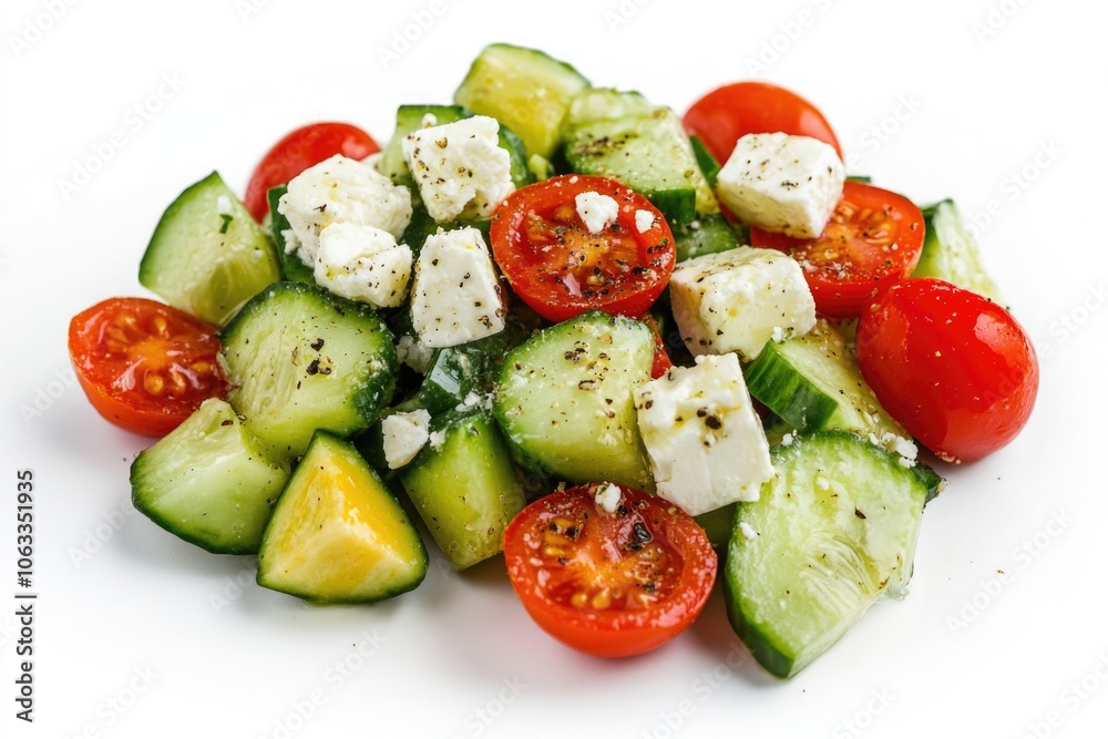 A healthy bowl filled with cucumbers, tomatoes, feta cheese, and lettuce A healthy bowl filled with cucumbers, tomatoes, feta cheese, and lettuce