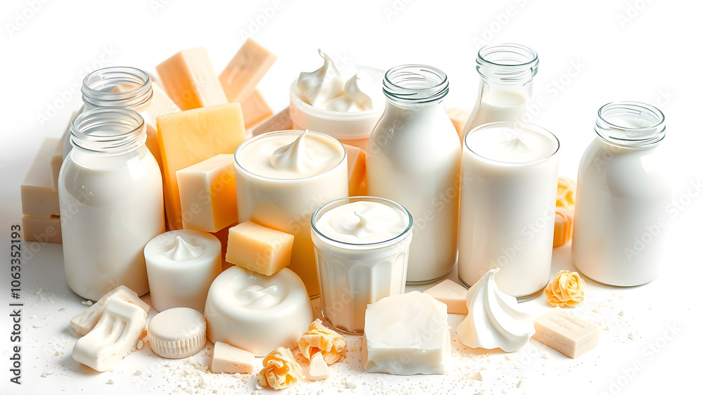 A white jar of milk sits next to a jar of whipped cream A white jar of milk sits next to a jar of whipped cream
