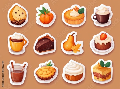 Charming autumn-themed sticker sheet with desserts and drinks