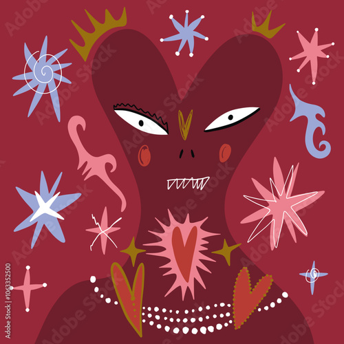 Vector cute red monster heart with face. Lovely romantic fashion style modern Valentines day groovy boho print, holiday design, nursery naive primitive stylized drawing. Hand drawn kids painting. Flat