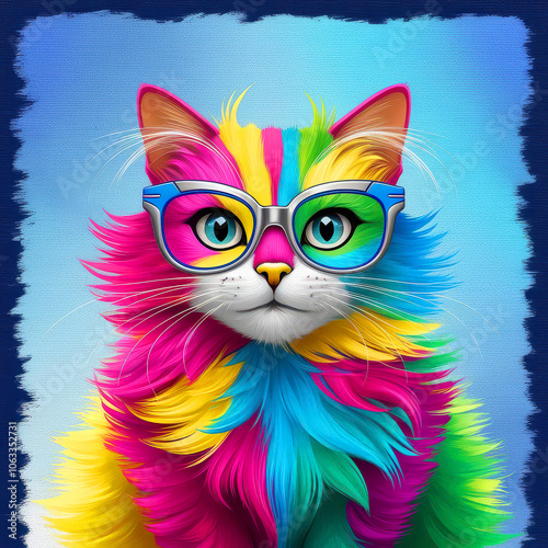 Banner with a multi-colored bright cat in glasses on a blue background, generation ai