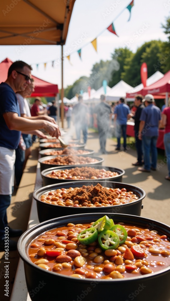 Obraz premium Animated pastel illustration showcasing a lively chili cook-off scene at an American festival