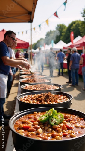 Animated pastel illustration showcasing a lively chili cook-off scene at an American festival photo