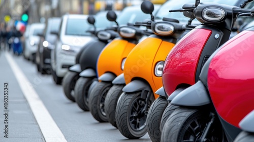 Vibrant scooters line a busy urban street, showcasing modern urban mobility, AI