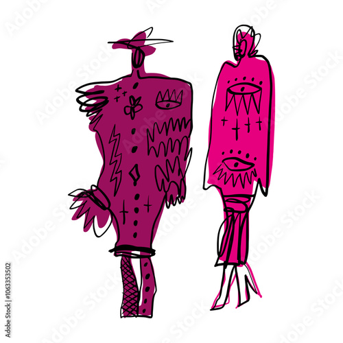 Podium modern abstract women people ink brush color fashion week design clothing sketch. Fashionable models hand drawn illustration, stylized inky brush silhouette isolated on white background clipart