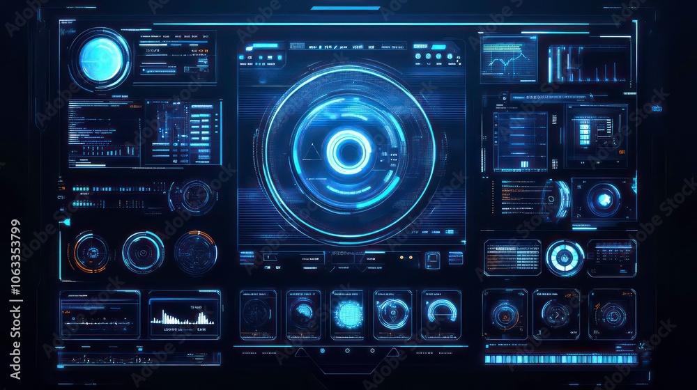 Fototapeta premium Futuristic control panel displaying various data metrics and visualizations.