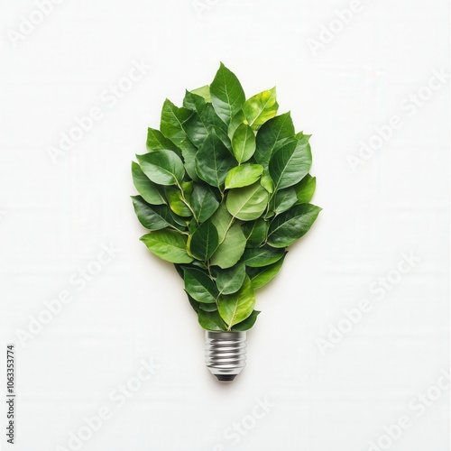 Light bulb made of green leaves symbolizing eco-friendly energy and environmental conservation photo