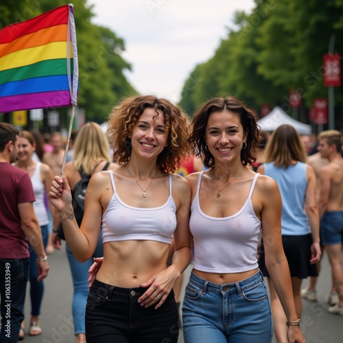 Two tattooed ladies with curly hair walk hand-in-hand during a Gay Pride event one holding a rainbow flag photo