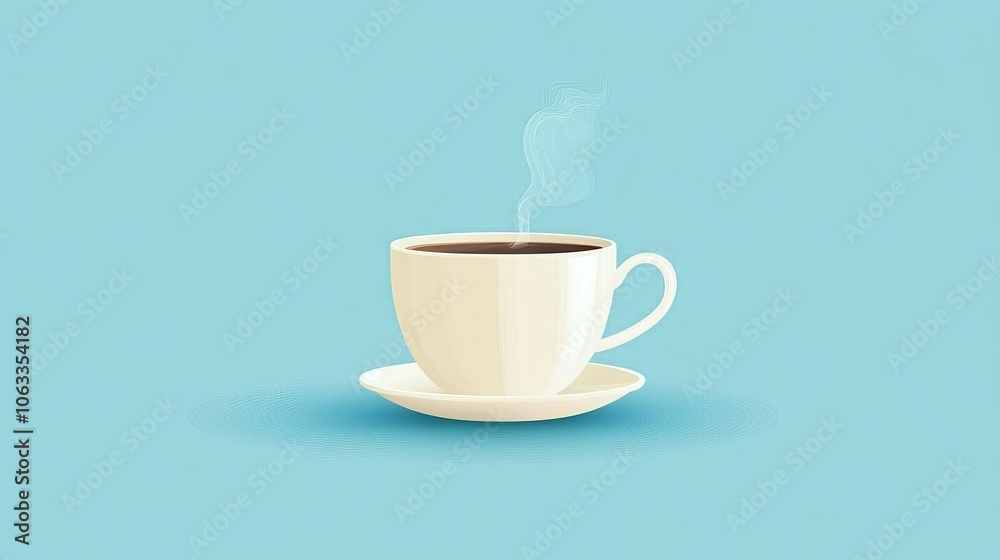 A flat design illustration of a steaming tea cup on a saucer against a light blue background A flat design illustration of a steaming tea cup on a saucer against a light blue background
