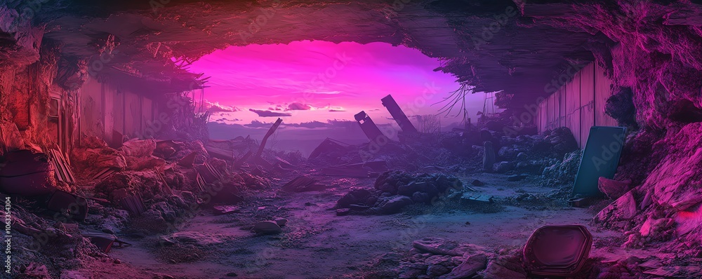 Fototapeta premium A surreal landscape with pink and blue lighting, showcasing the aftermath of a catastrophic event.