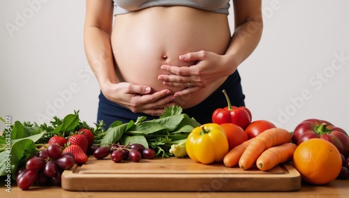 A pregnant woman focuses on nutrition with fruits and vegetables for a healthy belly