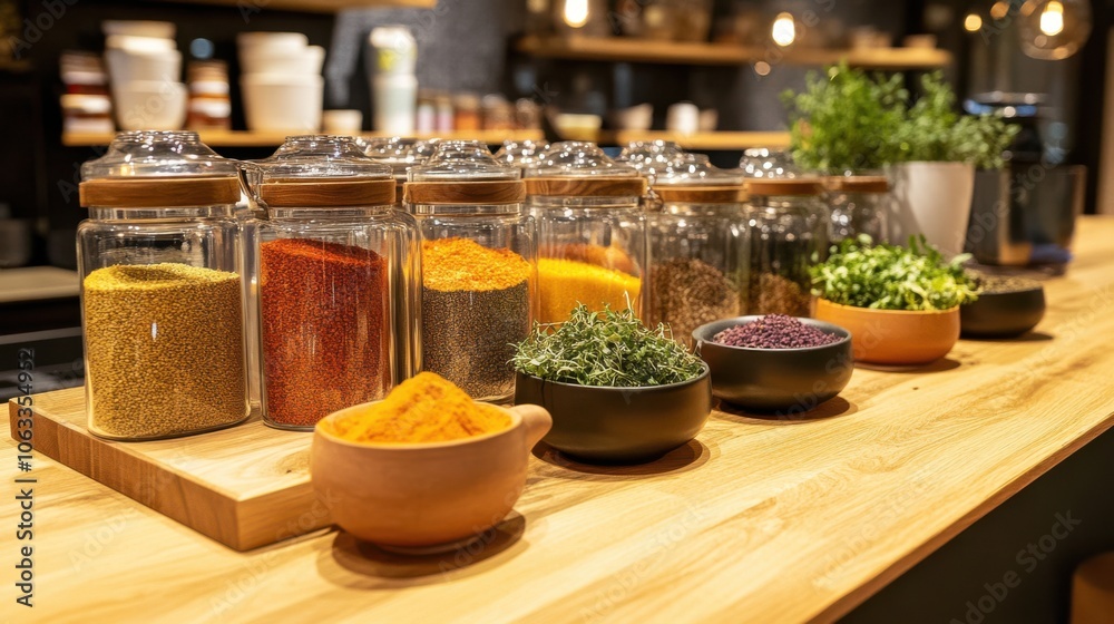 A beautifully arranged wooden counter showcasing A beautifully arranged wooden counter showcasing