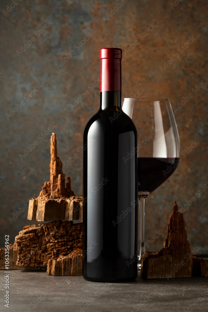 Glass and bottle of red wine with pieces of old wood on a rusty background. Glass and bottle of red wine with pieces of old wood on a rusty background.