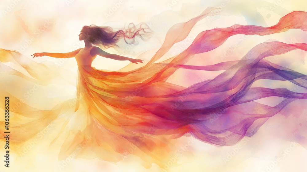 Obraz premium Enchanting feminine silhouette enveloped in flowing ribbons of color, illustrated in a light and airy watercolor style, using soft pastels to convey a sense of movement