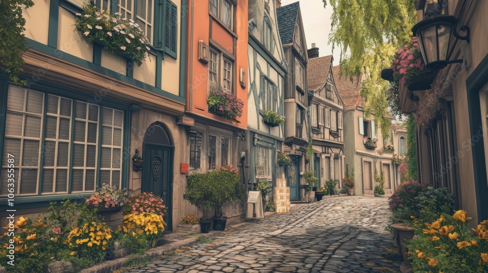 Fototapeta premium A charming European street lined with old, colorful buildings,