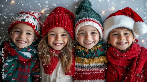 A group of four diverse children wearing festive winter hats and scarves, smiling joyfully against a snowy background